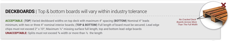 Grade 2 pallet reconditioning deckboards specifications are that the top and bottom boards will vary within industry tolerance