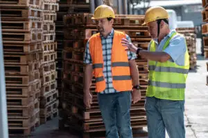 Warehouse Team Members evaluating vertical storage capacity and space utilization between racking levels in a distribution facility.