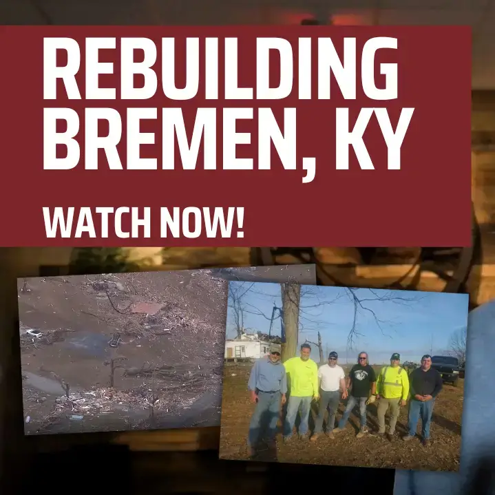 Two images of tornado stricken Bremen Kentucky with the title above them: "Rebuilding Bremen, KY".