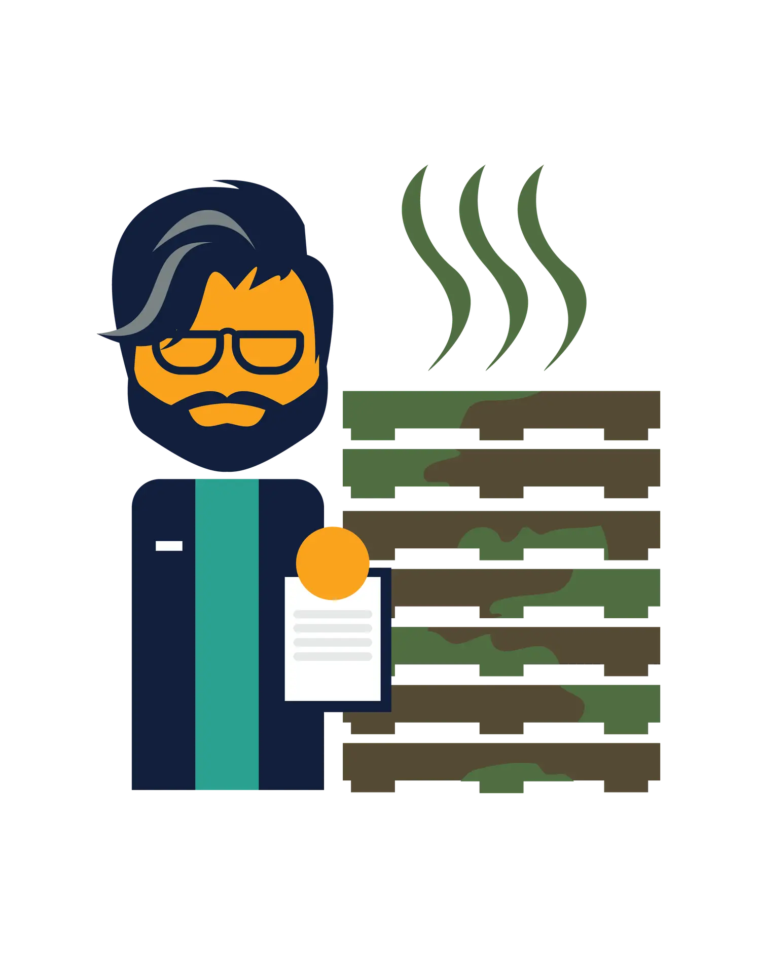 A graphic of a man holding an evaluation document based on the moldy pallets sitting behind him.