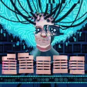 Five pallets with a futuristic human/robot hybrid above them.