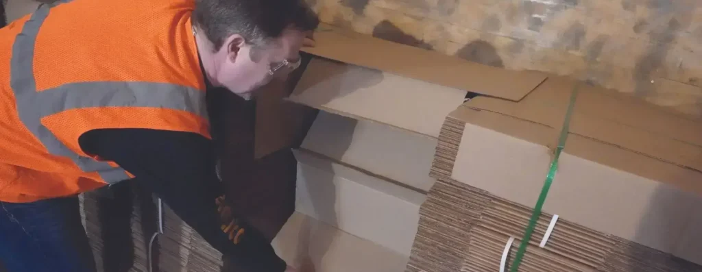 A worker applies Millwood's Center Drop Void Fill between pallets to secure them for safe transport