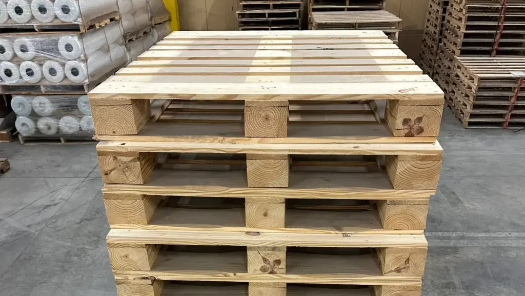 A stack of block pallets in a warehouse. These pallets have superior durrability, and 4-way forklift access for easy transport.