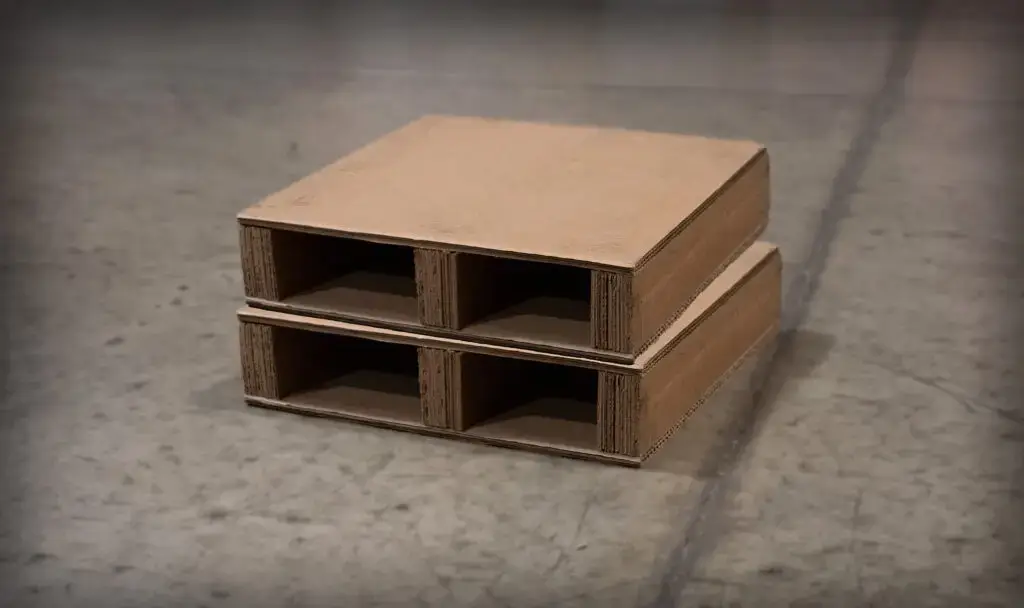 Two corrugated pallets stacked on top of eachother in a warehouse setting