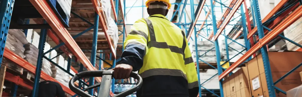 A photo of a factory worker pull pallet truck for supply chain, restock inventory or moving freight.