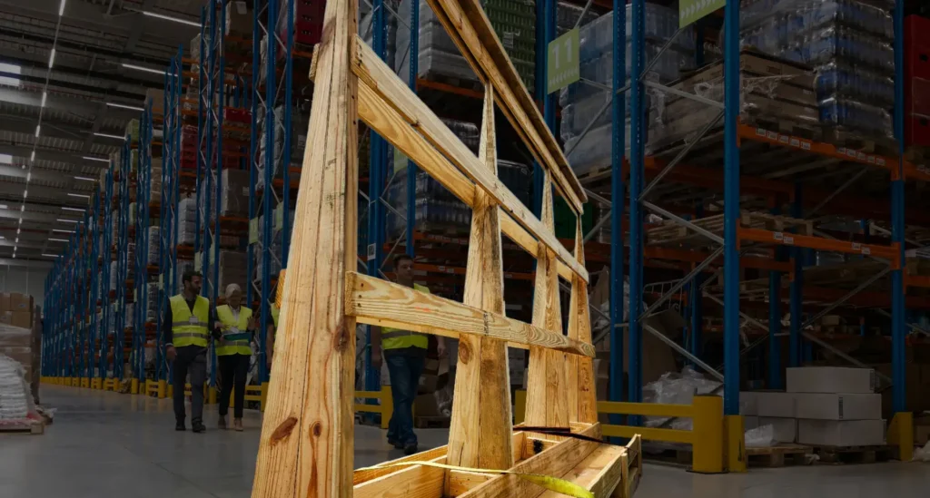 An A-frame crate designed to protect stone, glass, tile, or other sheet goods