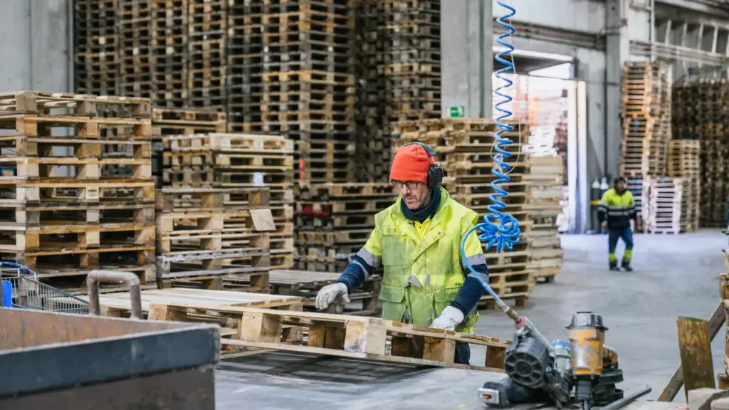 A worker in a high-vis vest repairs a used wooden pallet