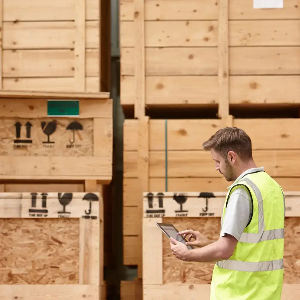 A worker in a high-vis vest walks in front of a stacked wall of cleated crates
