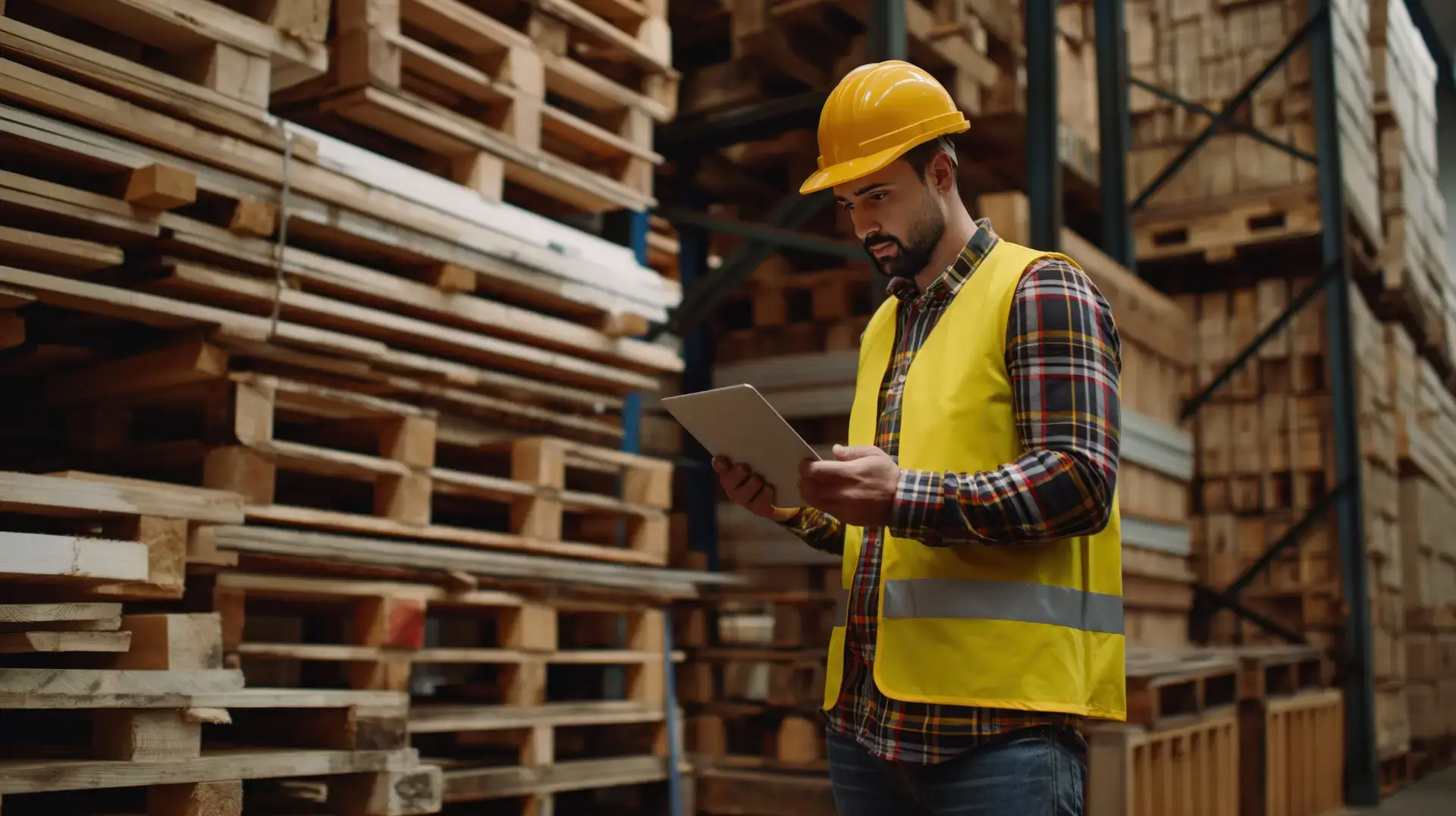 pallet company employee organizing and stacking pallets