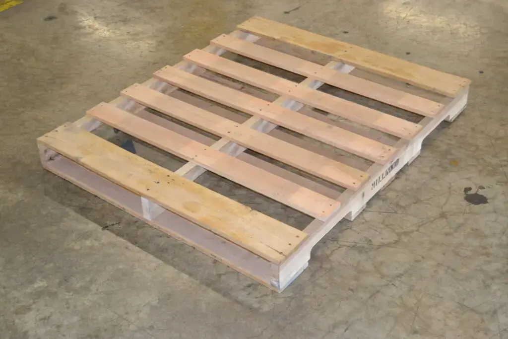 This wooden pallet is configured as a 4-way stringer pallet.