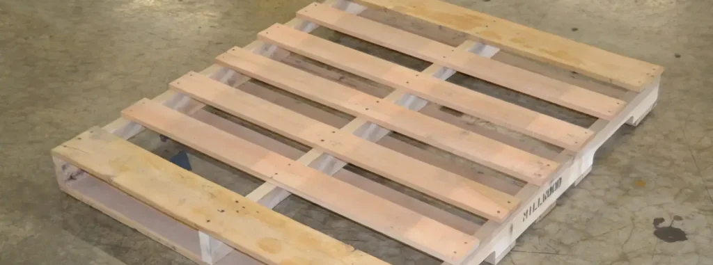 This wooden pallet is configured as a 4-way stringer pallet.