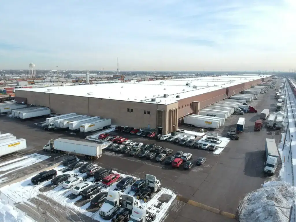 An aerial shot of Millwood's pallet and crate packaging facility in Melrose Park Illinois