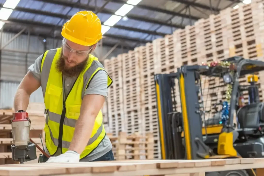 A male worker using a nail gun to repair a pallet in a warehouse.