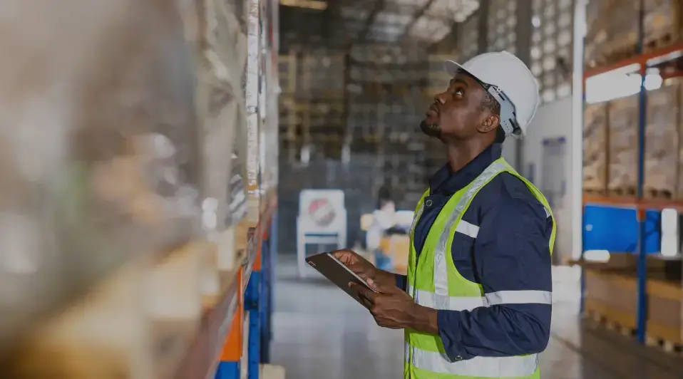 Photo of a male worker inspecting count products stock in a warehouse