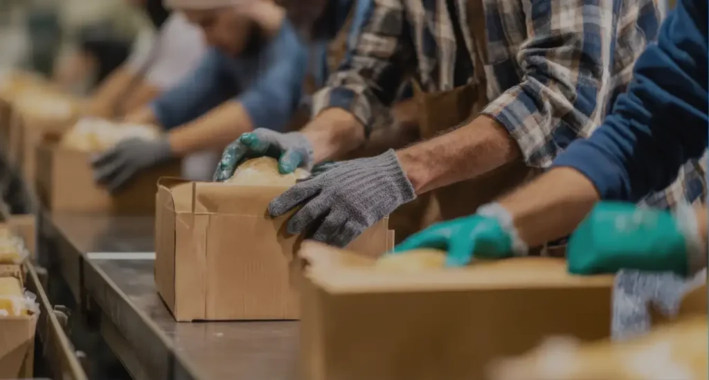 Millwood workers moving boxes along a supply chain.