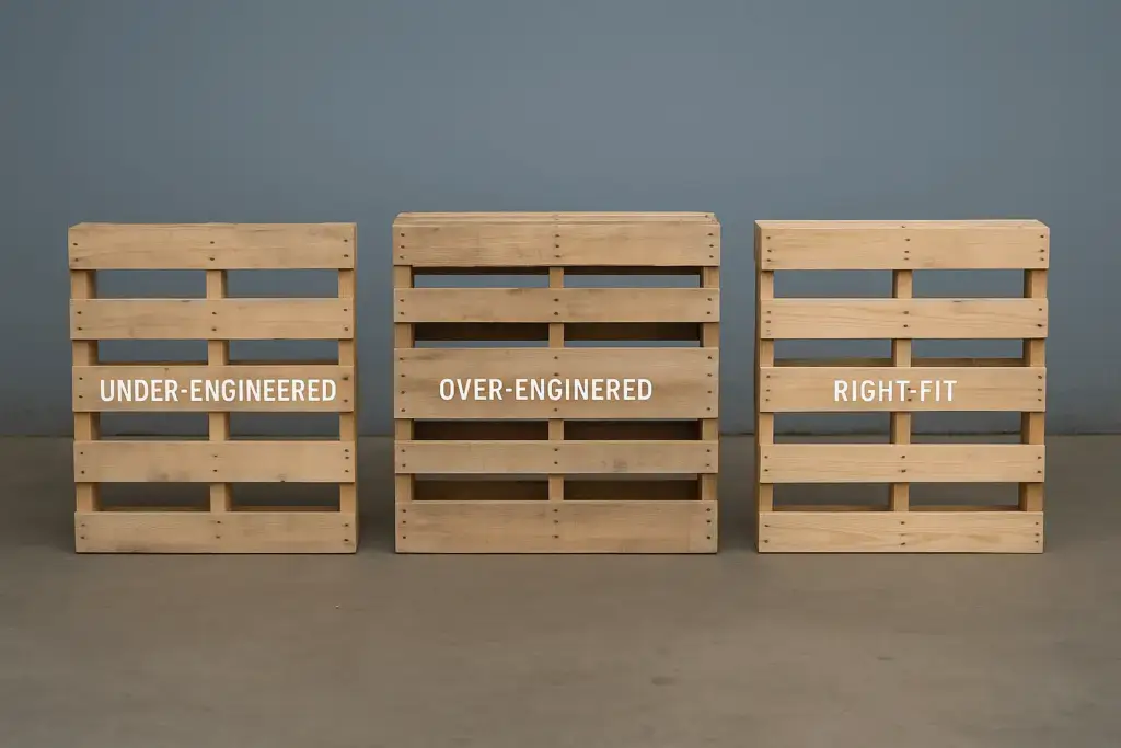 Under-engineered, over-engineered and right-fit pallets in a row