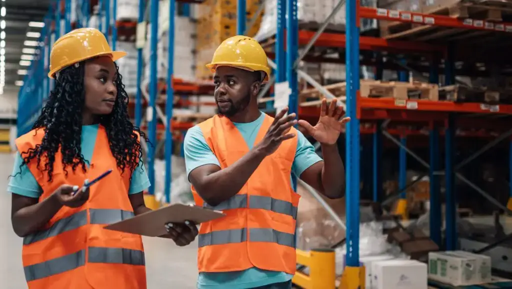 Two warehouse workers discussing inventory