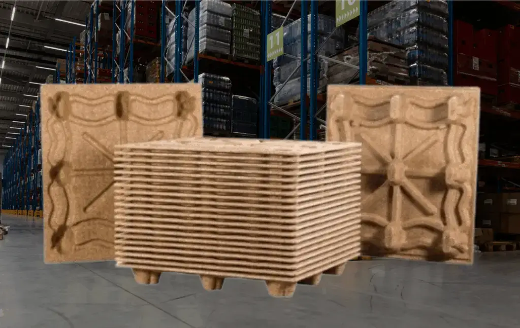 An image of a Pressed-Wood Pallet, in a warehouse setting.