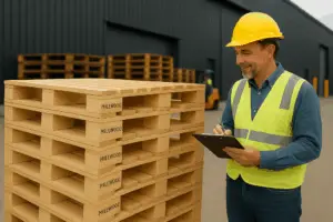 Millwood engineer with a stack of branded right-fit pallets