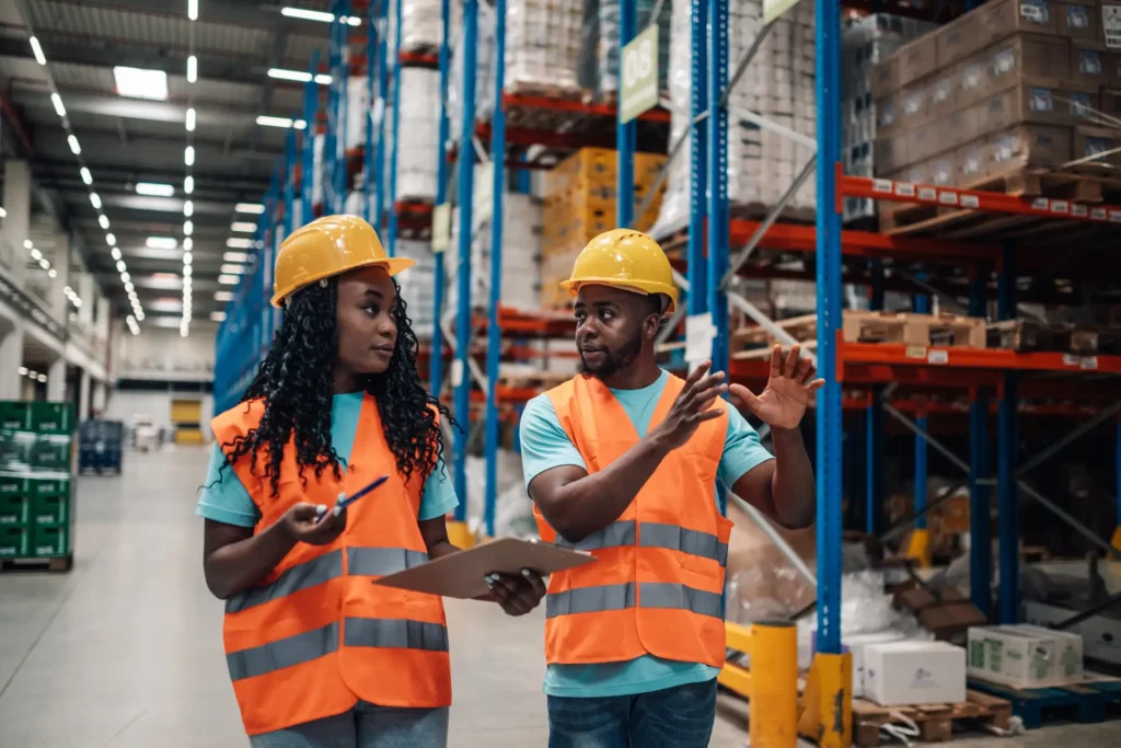 Warehouse workers discussing logistics and inventory management.