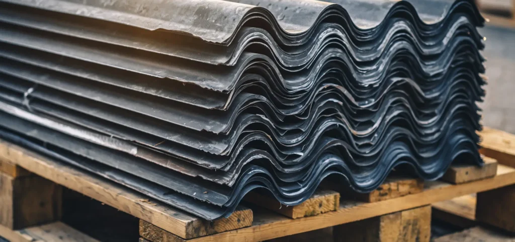 A stack of corrugated metal sheets is stored in an industrial warehouse for construction purposes.