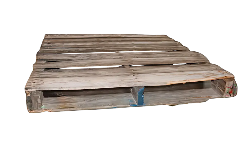 Grade B GMA pallet with repaired stringers and plugs for industrial use and one-way shipping applications.