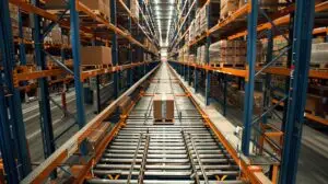 Palletized loads moving through a warehouse racking system with forklifts and material handling equipment.