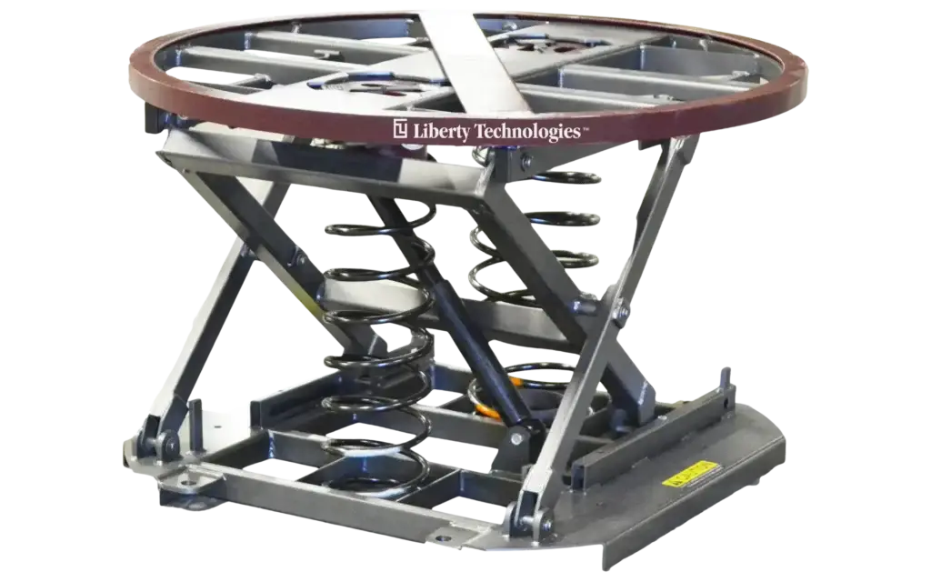 Hydraulic scissor lift table used to position pallet loads for safer and more efficient handling.