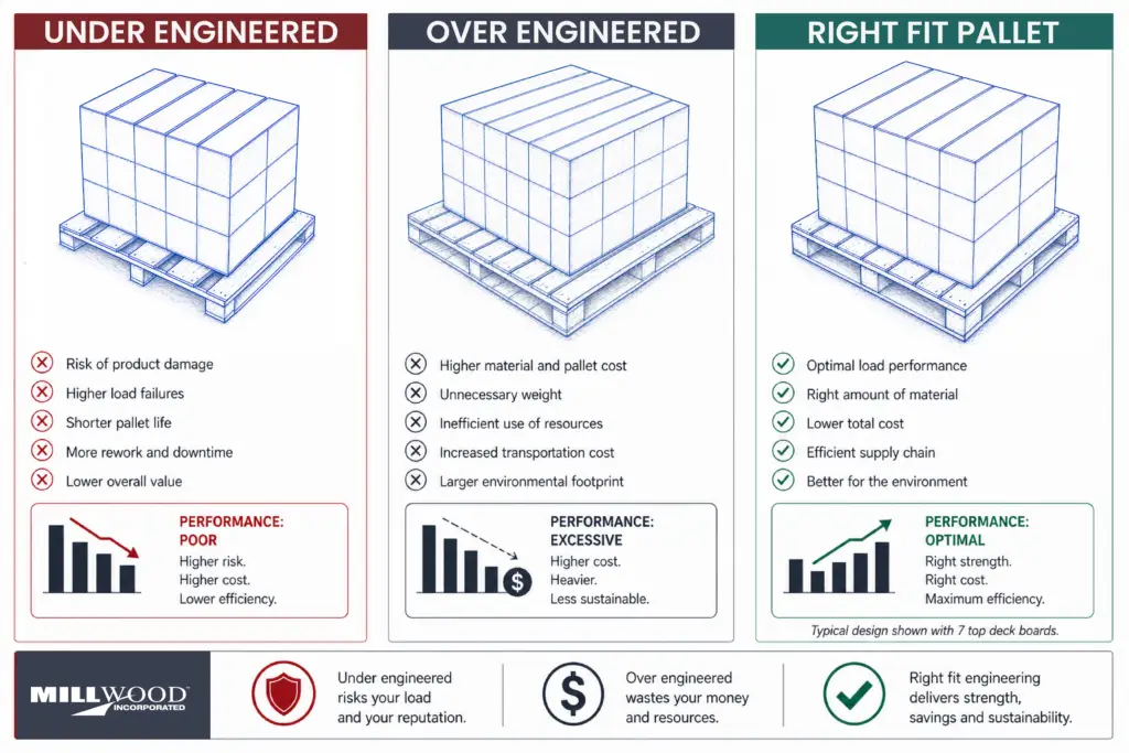 Comparison of under-engineered over-engineered and right fit pallets showing differences in load performance cost and efficiency