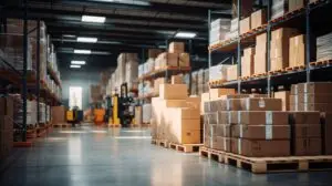 New and recycled pallets supporting product movement in a warehouse operation.
