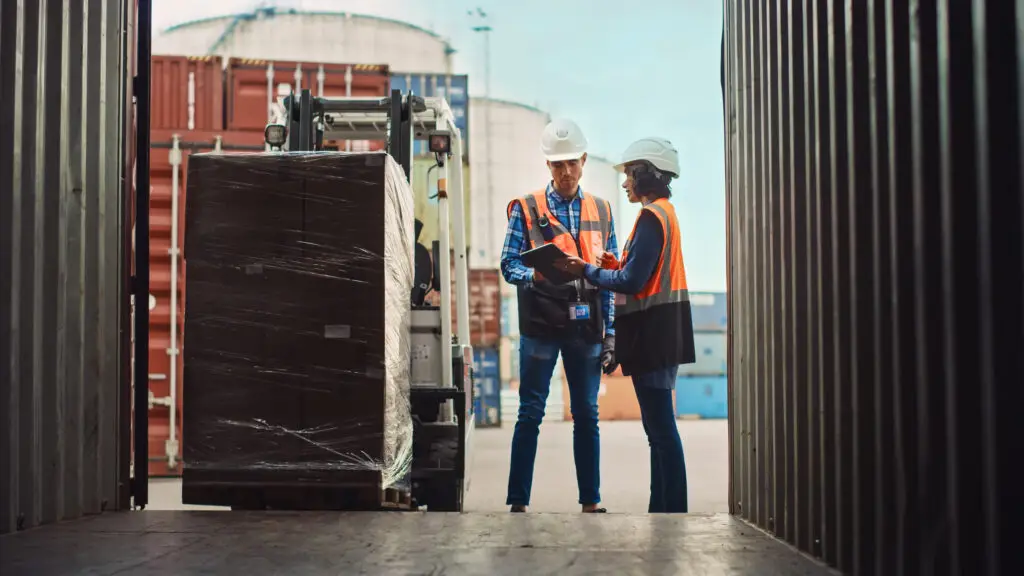 Packaging specialists evaluating pallet performance and load stability in a shipping distribution environment.