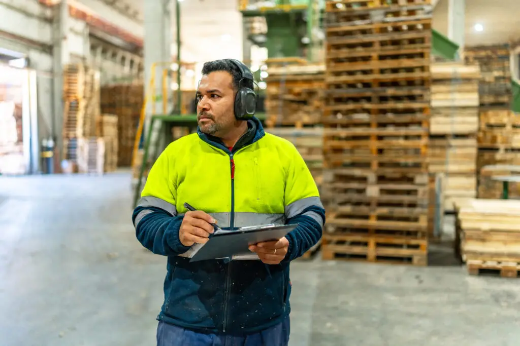 Pallet specialist determining pallet selection for customers in a warehouse setting.