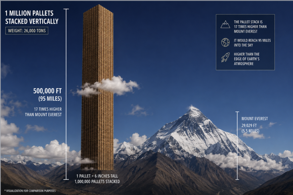 Material diverted from landfills compared to a stack of pallets taller than Mount Everest