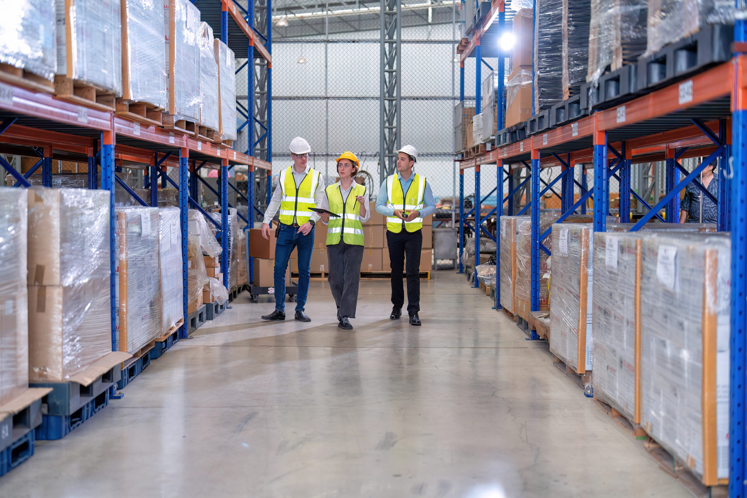 Pallet industry professionals evaluating pallet recovery and pallet reuse opportunities inside a warehouse environment.