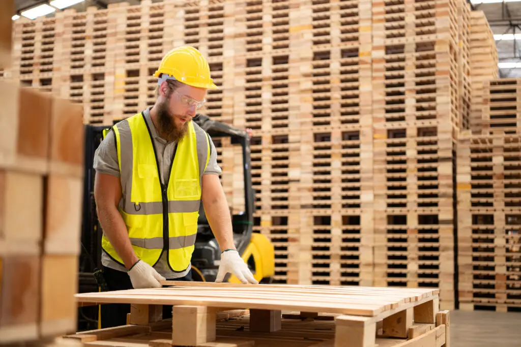 Wood pallets supporting sustainable supply chain operations in a modern distribution environment.
