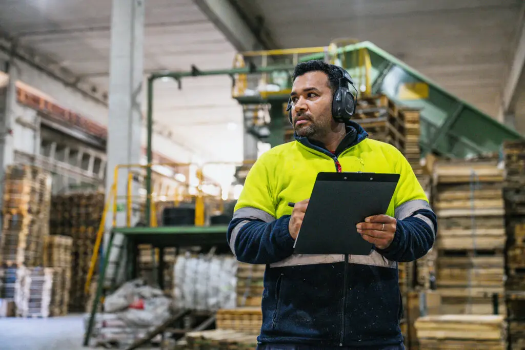 Worker sorting pallets for reuse, repair and recycling as part of a pallet management solution that improves supply chain sustainability.