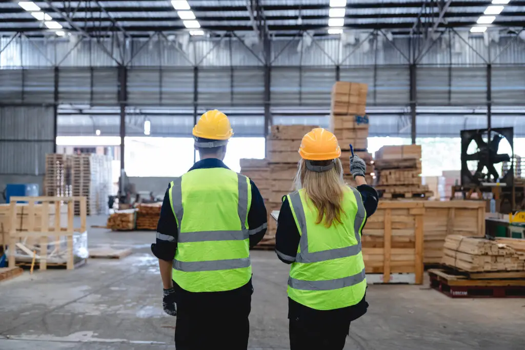 Team members walking a manufacturing facility floor to evaluate used pallet conditions and identify supply chain sustainability opportunities.