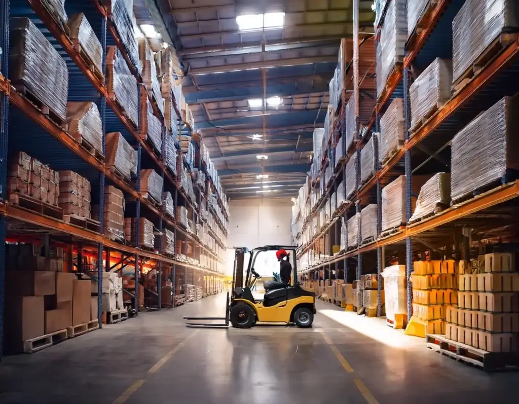 Different examples of pallet size by industry staged in a distribution center including 48x40 food and beverage pallets and custom building materials pallets.