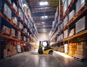 Different examples of pallet size by industry staged in a distribution center including 48x40 food and beverage pallets and custom building materials pallets.