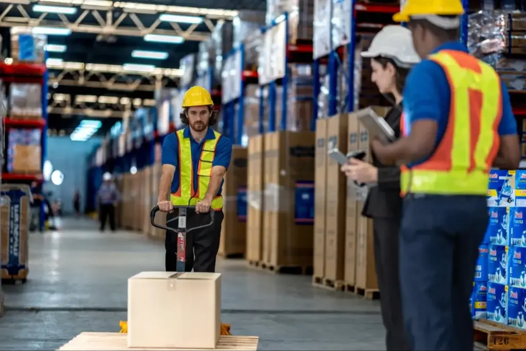 Pallet specialist and operations Team Member walking a warehouse floor reviewing pallet inventory together.