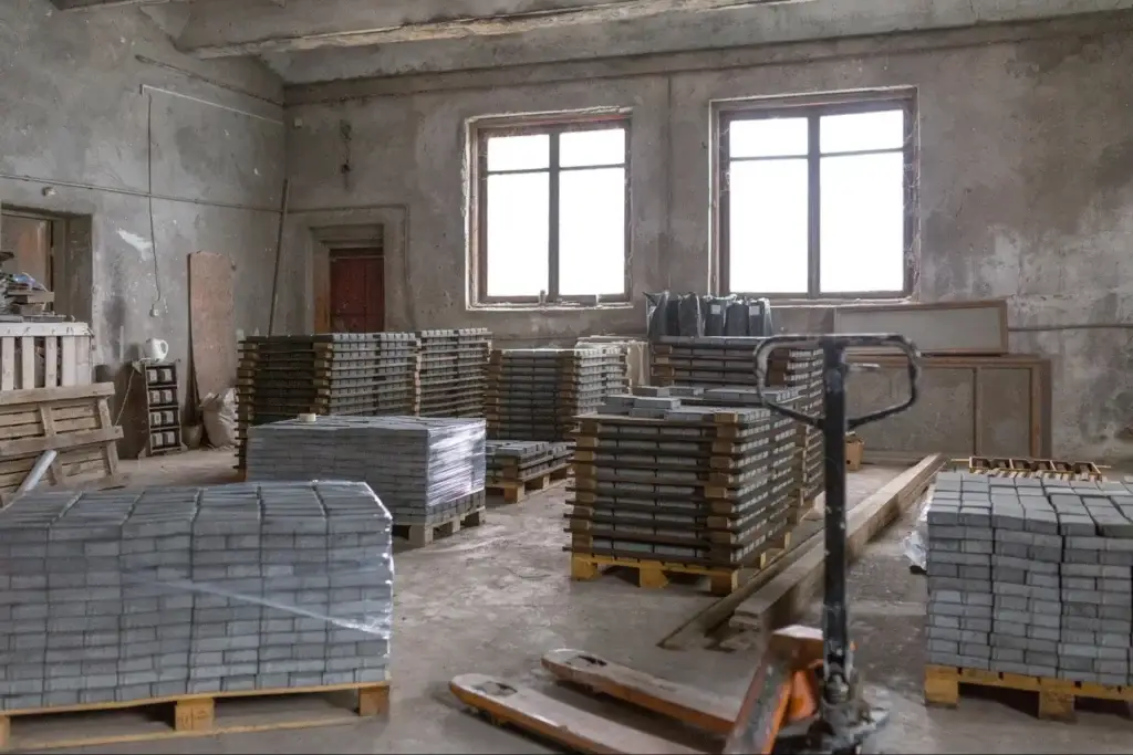 Heavy-duty custom pallet built to building materials pallet specifications with reinforced hardwood stringers staged for transport