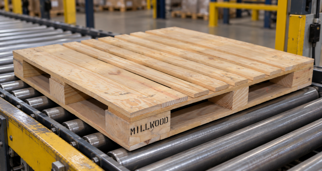 Precision-engineered wood block pallet, suitable for use as an ASRS pallet, on a conveyor system entering an automated racking environment.