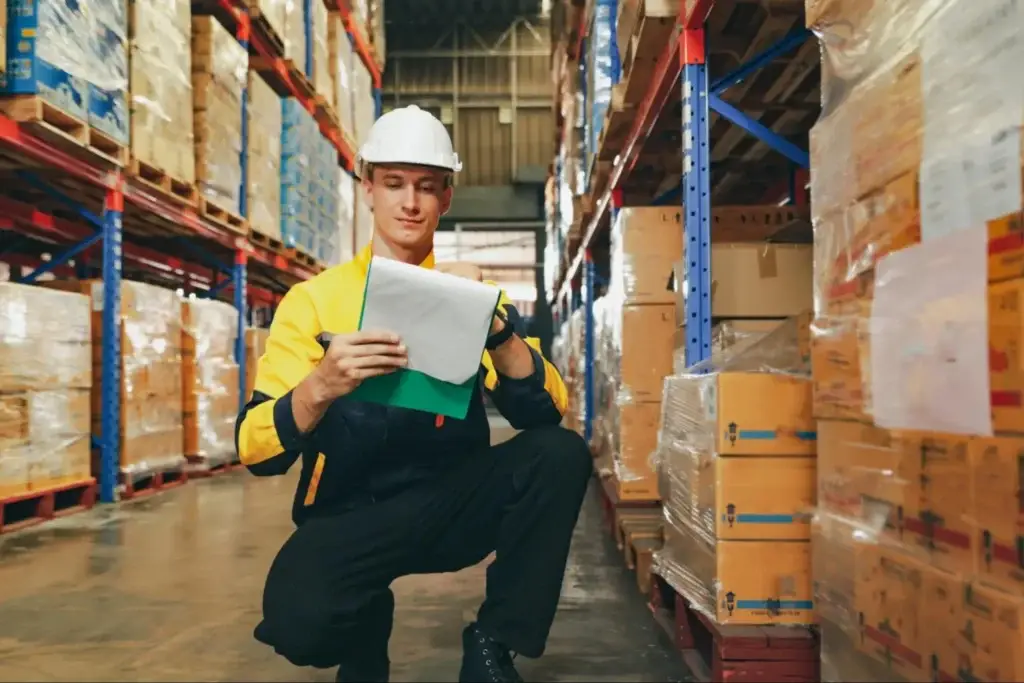 Organized warehouse with optimized pallet stacks demonstrating sustainable supply chain management through strategic sourcing and vendor consolidation.