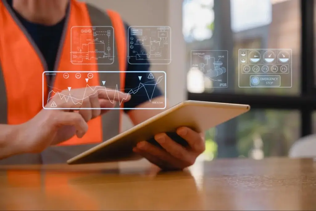 Supply chain professional reviewing ESG reporting data powered by real-time tracking tools for transparent sustainable supply chain management.