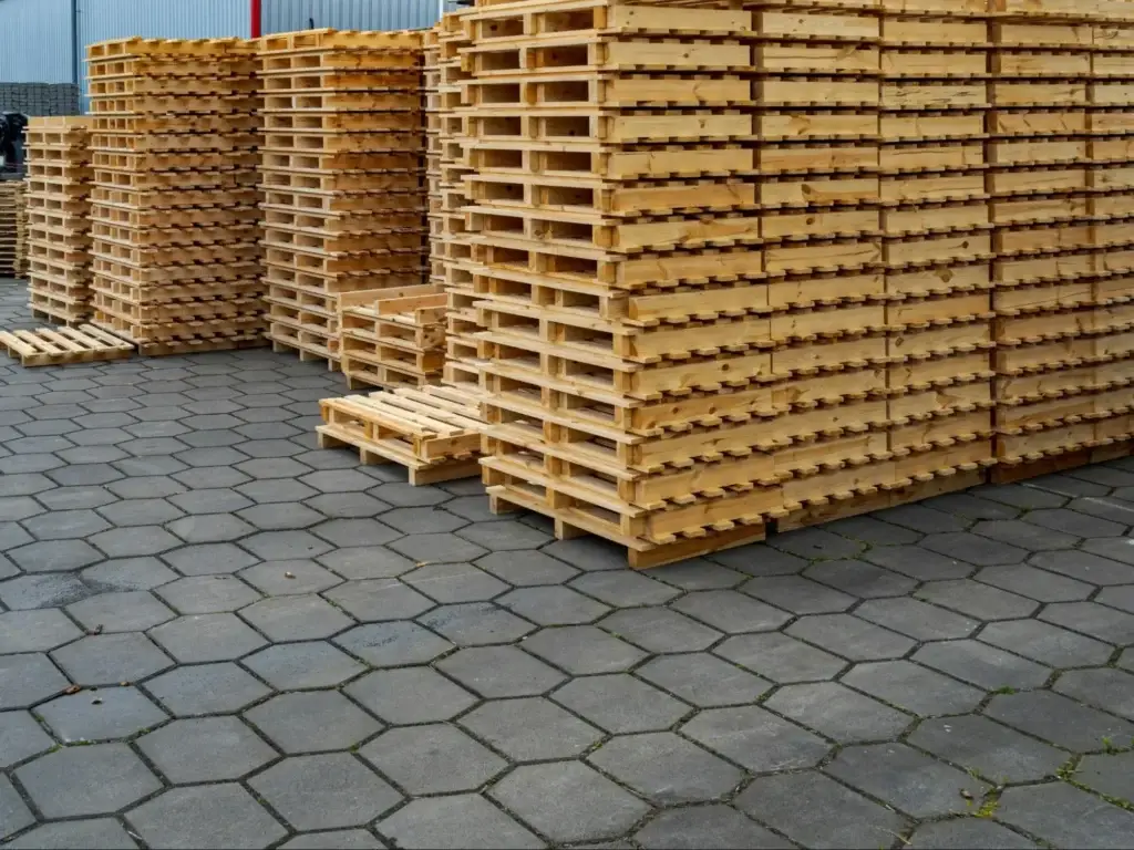 Operational view showing stacks of skids with no bottom deck boards, stacked in an outdoor storage area.