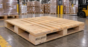48×40 wood block pallet with nine-block construction providing four-way forklift entry, used to meet Costco pallet requirements.