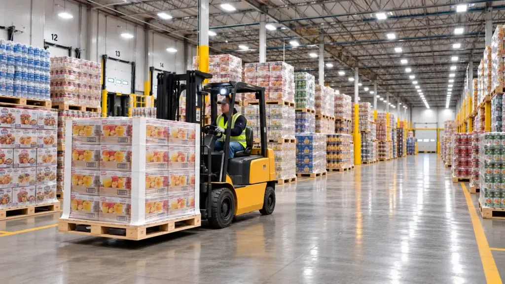 Pallets of packaged food and beverage products organized in a distribution center, illustrating strategic sourcing and vendor consolidation in food and beverage supply chains.